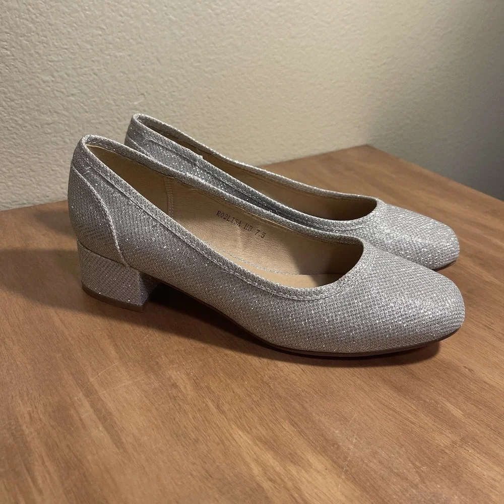 NEW IDIFU Chunky Block Heel Silver Glitter Pumps Glam Event Disco RO2LISA Sz 7.5